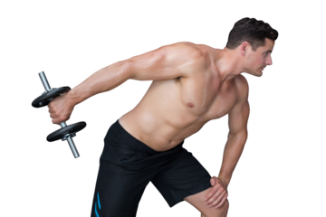 Digital png photo of caucasian man exercising with dumbbells on transparent background