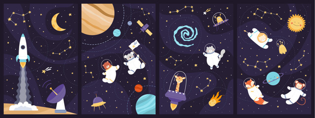 Space adventure of astronaut animals set vector illustration. Cartoon childish art design with cute explorers in helmet and spacesuit flying in galaxy with rocket and planets, stars in constellation