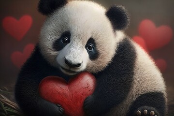 Cute panda with a red heart in its paws. Greeting card. AI generated