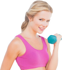 Digital png photo of caucasian woman exercising with dumbbells on transparent background