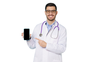 Young male doctor standing in white robe in front of camera with happy smile, pointing to blank screen of phone he is holding