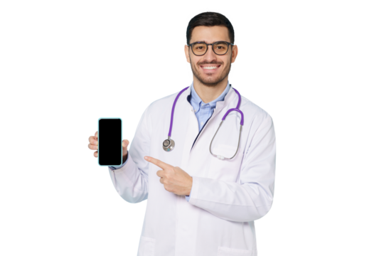 Young male doctor standing in white robe in front of camera with happy smile, pointing to blank screen of phone he is holding