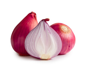 Fresh red onions with half isolated on white background with clipping path and shadow in png file format