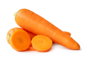 Two fresh orange carrots with slices in stack isolated on white background with clipping path. Close up of healthy vegetable root