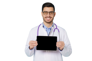 Portrait of young male doctor showing tablet with blank screen and copy space for app ads