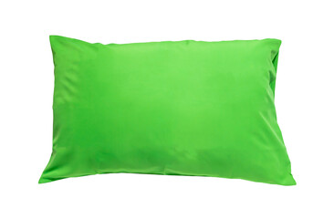 Green pillow after guest's use at hotel or resort room isolated on white background with clipping...