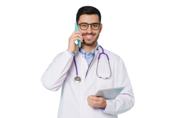 Young male doctor wearing eyeglasses and white robe, holding tablet, talking on phone with colleague