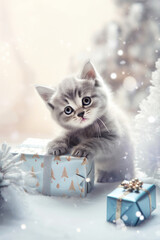 Little gray fluffy kitten sitting on the background of the Christmas tree. Adorable little tabby cat with Christmas gift boxes. Cozy home. Copy space. Generative AI.