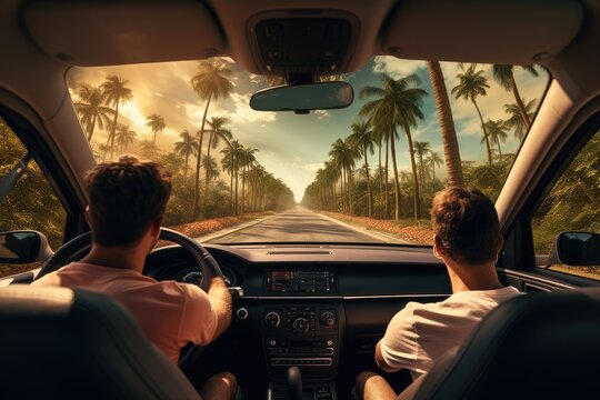 Two friends in car driving on road, having road trip, palm trees around. AI Generative