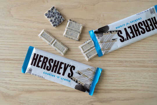 Hershey's cookies 'n' creme candy bar. Hershey Company chocolate cookie bits and white cream on July 8, 2023 in Krakow, Poland.