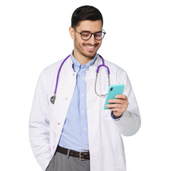 Young male doctor in white coat smiling, holding his smartphone with one hand, using medical app