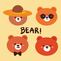 hand drawing cartoon cute bear sticker set