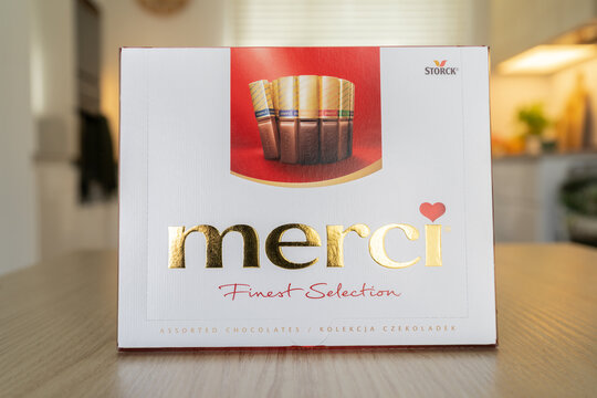 Merci chocolate candy bars, by German company August Storck. Assorted chocolates, finest selection on July 8, 2023 in Krakow, Poland.