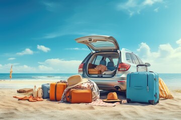 Pile of luggage bags near the car on the beach , AI Generated