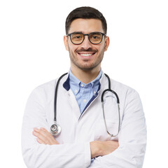 Portrait of smiling handsome young male doctor with stethoscope around neck, wearing white coat and glasses