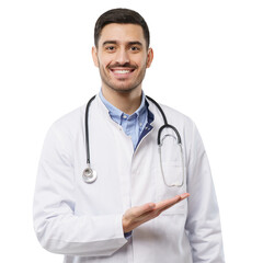 Smiling young male doctor showing and presenting something with hand - 621935680