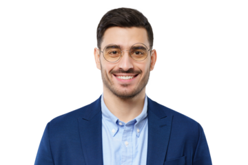 Young business man standing close to camera, isolated on gray background, looking through round glasses, smiling happily, feeling relaxed and confident