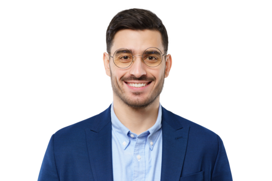 Young business man standing close to camera, isolated on gray background, looking through round glasses, smiling happily, feeling relaxed and confident