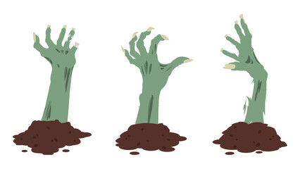 Zombie scrawny hands. Cartoon spooky monsters bony arms sticking out of ground, Halloween creepy hands decoration flat vector illustration set