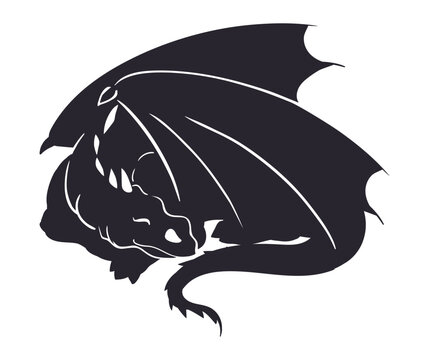 Sleeping dragon silhouette. Cartoon winged fantasy reptile, fairy tale creature, resting magic dragon flat vector illustration