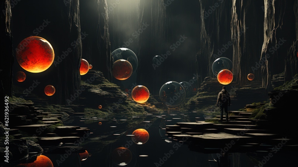 Poster a man standing in front of a lake surrounded by orange spheres. generative ai image.