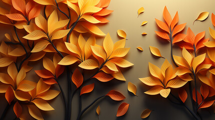 Hello Autumn minimal background with autumn yellow, orange leaves background. Fall banners, posters, illustration 