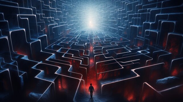 A person standing in a maze with a light at the end. Generative AI image.