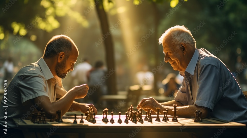 Poster two men playing a game of chess in a park. generative ai image.