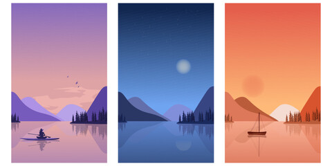 Set of illustration backgrounds, river, lake, nature. Morning, afternoon, night. Interface