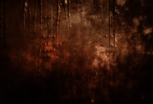 Modern old grunge metal background with corroded metal structure with scratches in black, brown and orange colors, industrial and vintage style