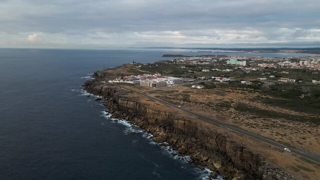 Aerial view of Cabo Carvoeiro along the Atlantic Ocean coastline in Peniche, Leiria, Portugal.