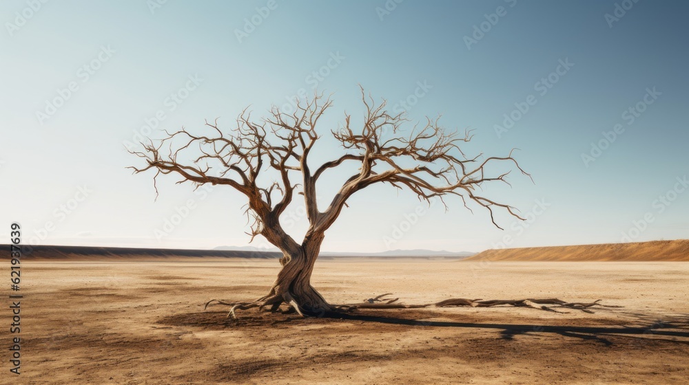 Poster a lone tree in the middle of the desert. generative ai image.