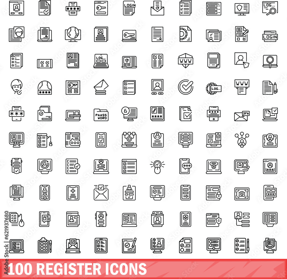 Poster 100 register icons set. outline illustration of 100 register icons vector set isolated on white back