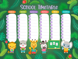 Timetable schedule elementary school. Weekly planner template for kids. Cartoon safari animals kawaii students. Green tropical leaves background. Back to school poster printable layout of time table.