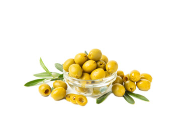 Delicious green olives isolated on white background. Olive and olive tree branches on a white...