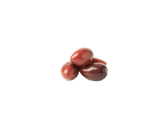 Delicious red olives isolated on white background. Olive and olive tree branches on a white table. Delicacy.
