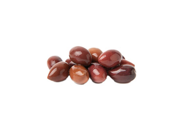 Delicious red olives isolated on white background. Olive and olive tree branches on a white table. Delicacy.