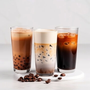 Cold coffee drinks on a white background. Three glasses with Cooling drink.