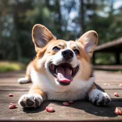 Image of a cute Welsh Corgi rolling around