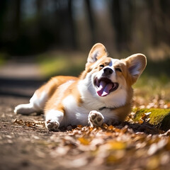 Image of a cute Welsh Corgi rolling around