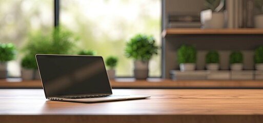 Fototapeta premium Professional workspace with laptop, desk, and shelves in home office interior design blur background