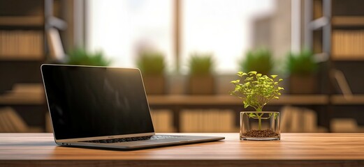 Fototapeta premium Professional workspace with laptop, desk, and shelves in home office interior design blur background