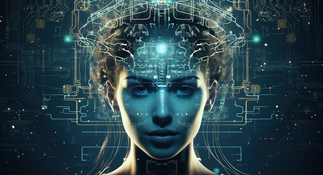 Head of a beautiful young girl with face recognition technology and HUD around the eyes.