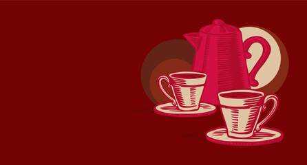 Cup of tea banner with teapot with red tones.