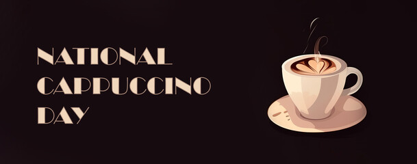 Cappuccino in a white cup on a black background. Hot morning coffee. National cappuccino day. Coffee Day greeting card or banner. AI generated