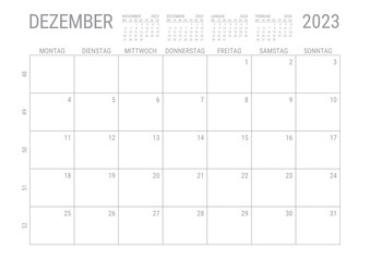 Monat Kalender Dezember 2023 Monatskalender Kalenderblatt Kalendarium mit Kalenderwoche Planer DIN A4 Deutsch