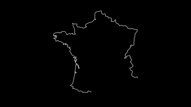 France map animation line. White line drawing on a black background.