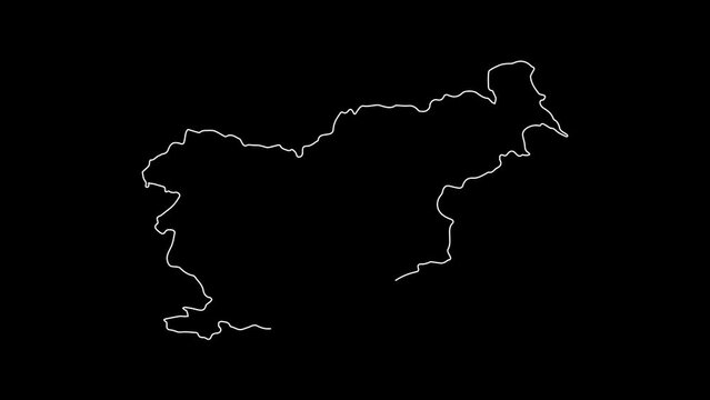 Slovenia map animation line. White line drawing on a black background.