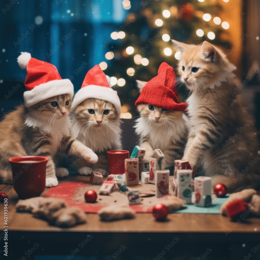 Poster a group of kittens sitting around a table. generative ai image.
