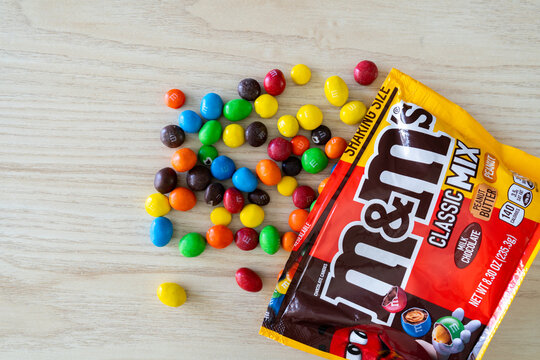 M&M's colorful button-shaped chocolate candies on July 8, 2023 in Krakow, Poland.